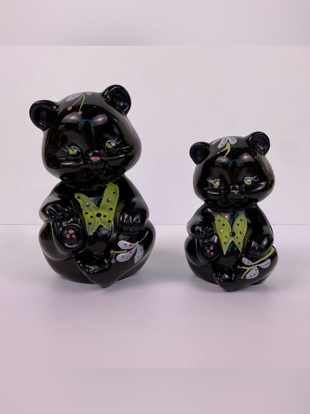 Fenton Pair Of Hand Painted Glossy Black Bear Figurines Signed Green Vest Floral
